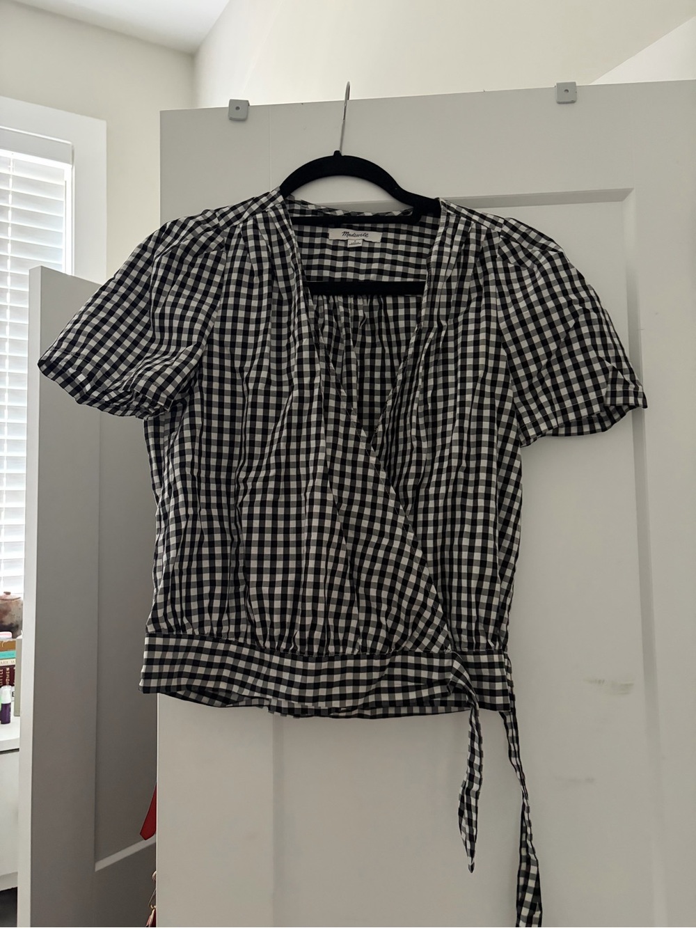 Madewell Black and White Gingham Wrap Top